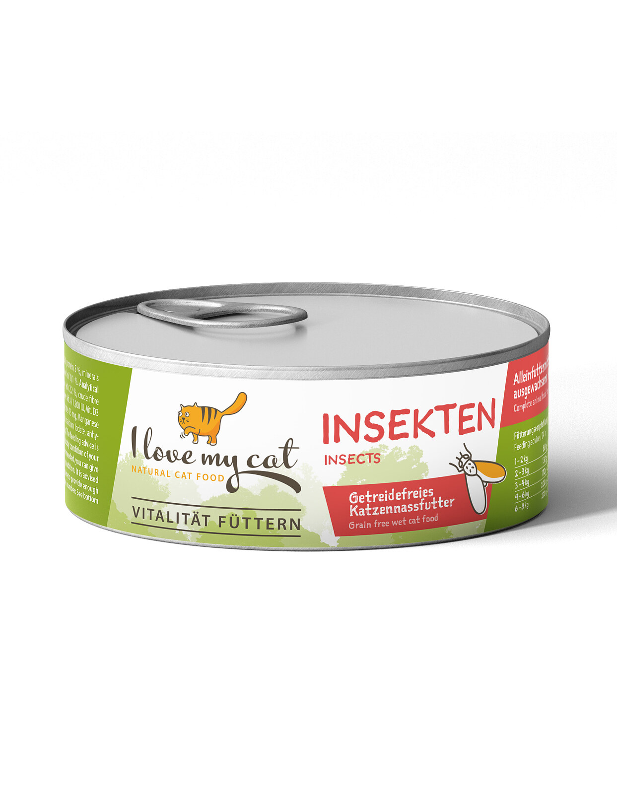 Einzelne I-love-my-cat-Dose mit der Sorte Insekten und der Aufschrift Getreidefreies Katzennassfutter.