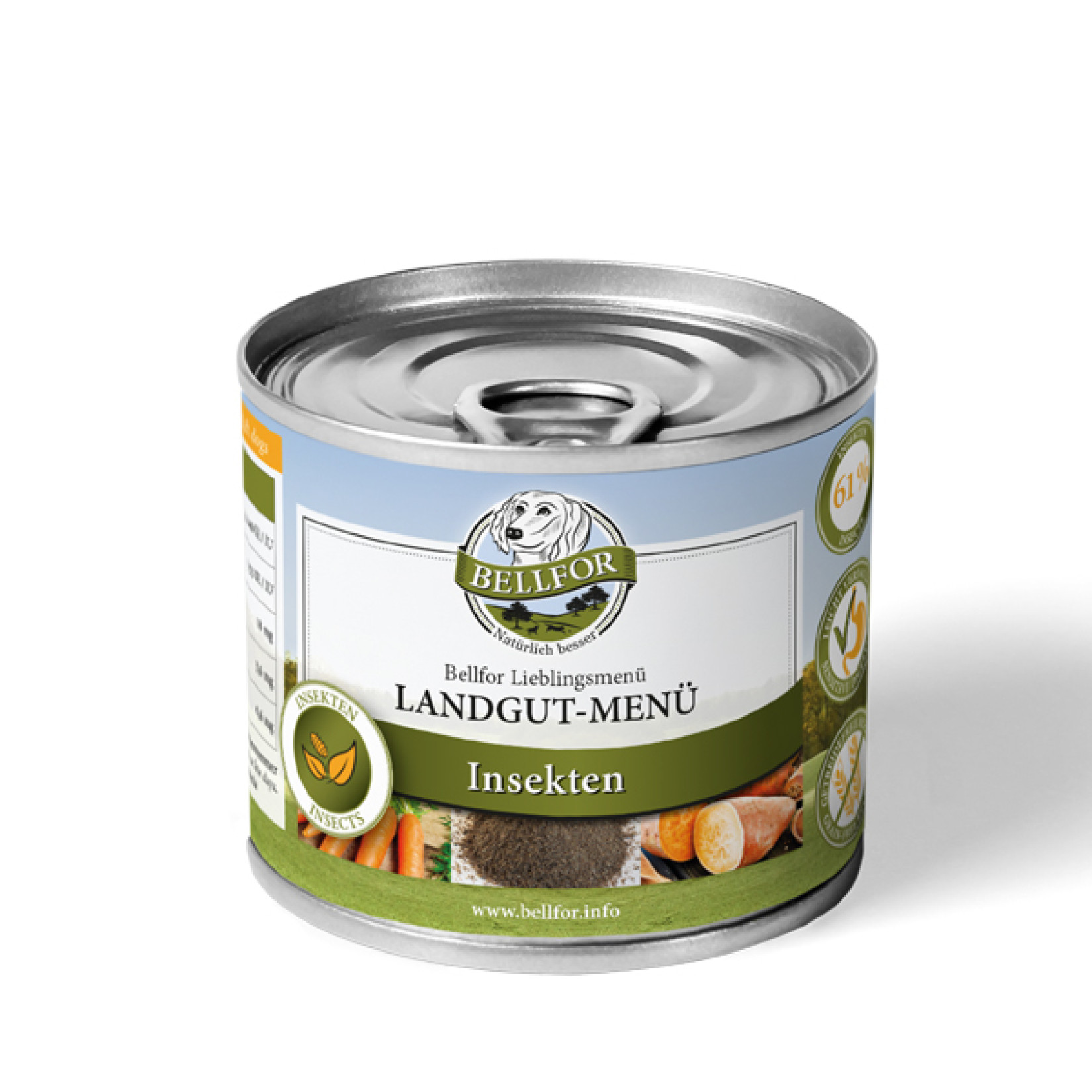 Silberne Bellfor-Dose mit Etikett «Landgut-Menü Insekten» und Abbildungen von Karotten und Süsskartoffeln vor weissem Hintergrund.