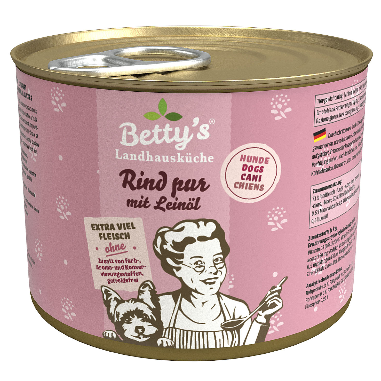 Betty’s Landhausküche Nassfutter für Hunde, Rind pur mit Leinöl