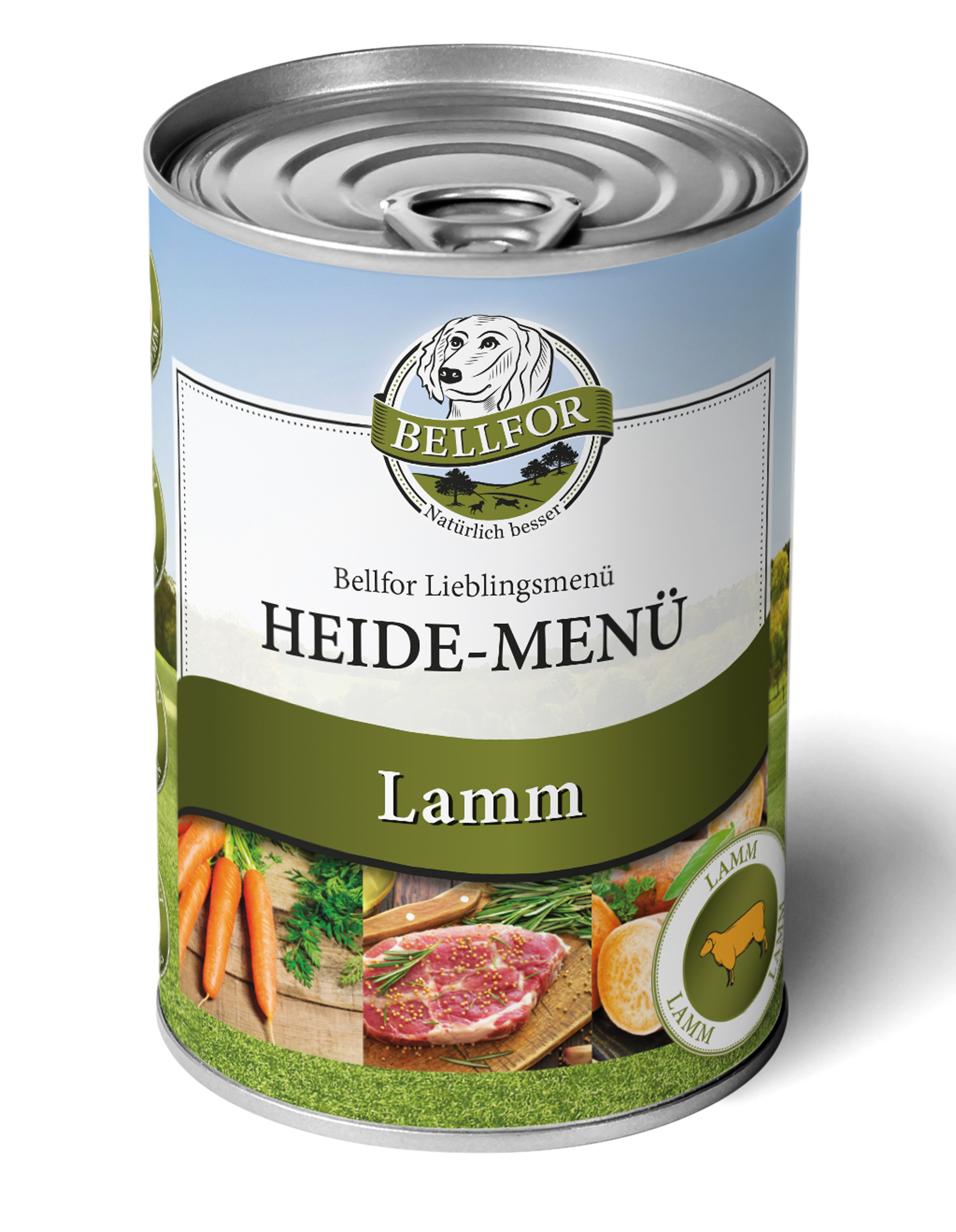 Bellfor Heide-Menü Lamm Dose mit grünem Etikett sowie Abbildungen von Lammfleisch, Karotten und Süsskartoffel