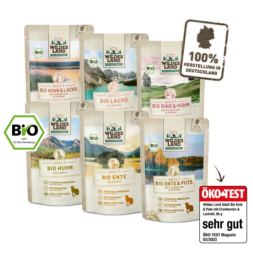 Wildes Land Bio Adult Nassfutter Katze, Pouch Probierbox 6x85g