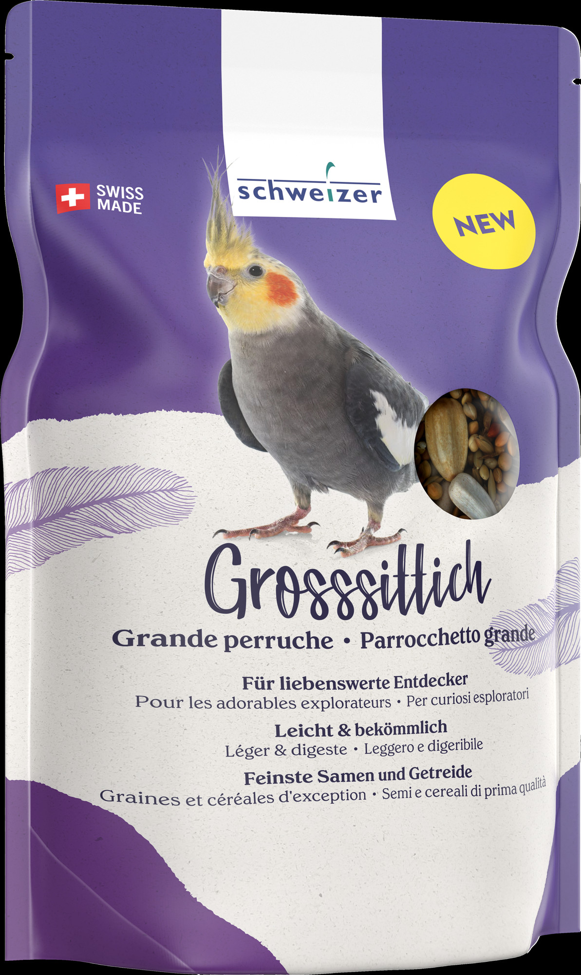 Violette Verpackung für Schweizer Grosssittichfutter mit grauem Nymphensittich, gelber Haube und orangefarbenen Wangen. Transparentes Fenster zeigt verschiedene Samen und Körner wie Sonnenblumenkerne für die Ernährung von Grosssittichen.
