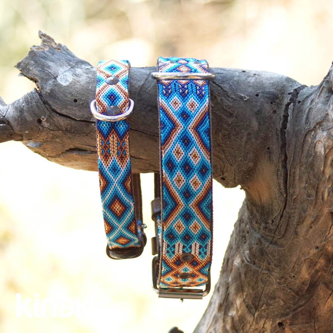 Kinakú Hundehalsband Nayarit XL, Blau-Ciel-Beige, 120g, 65x3.3cm
