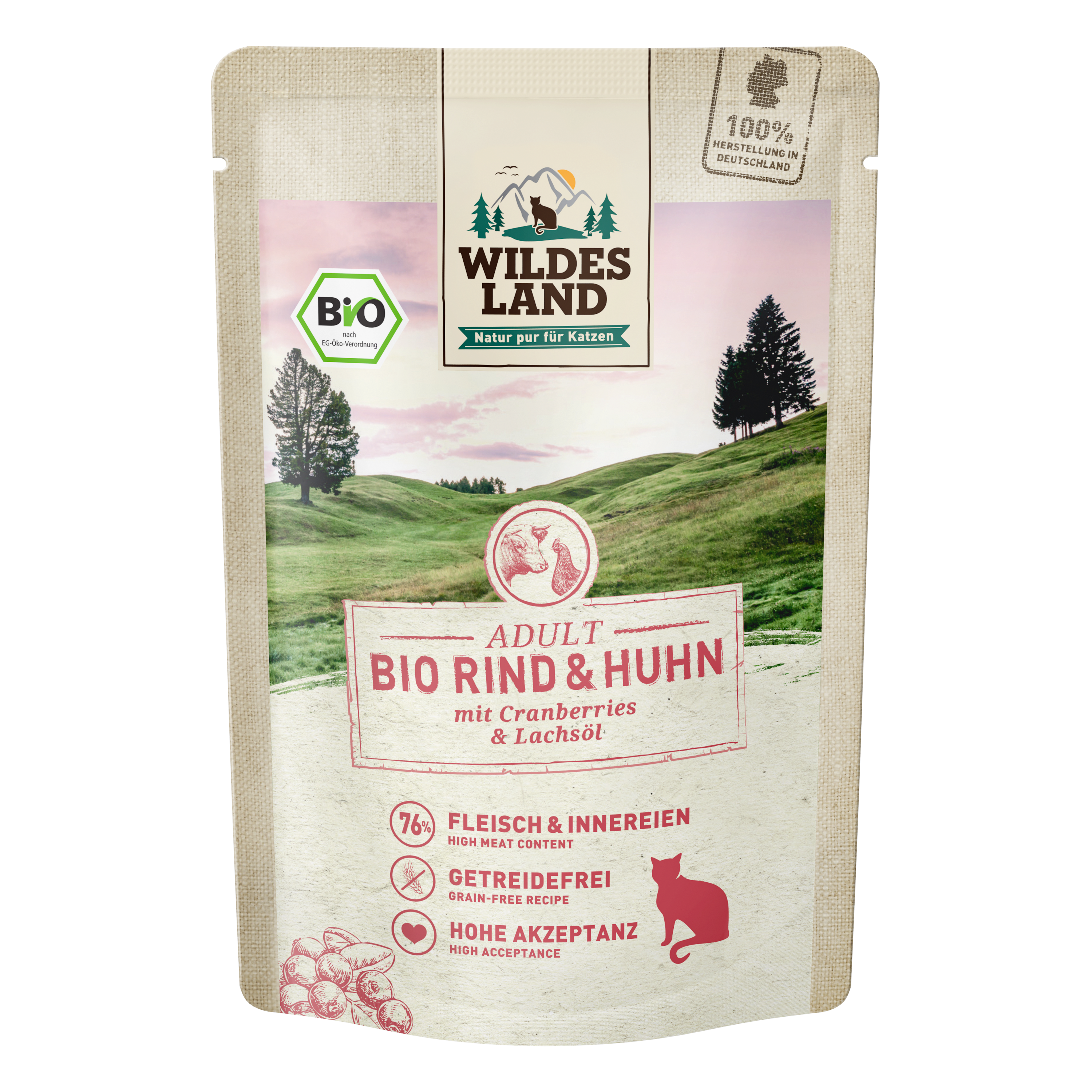 Wildes Land BIO Adult Nassfutter Katze, Rind & Huhn mit Cranberries & Lachsöl 85g