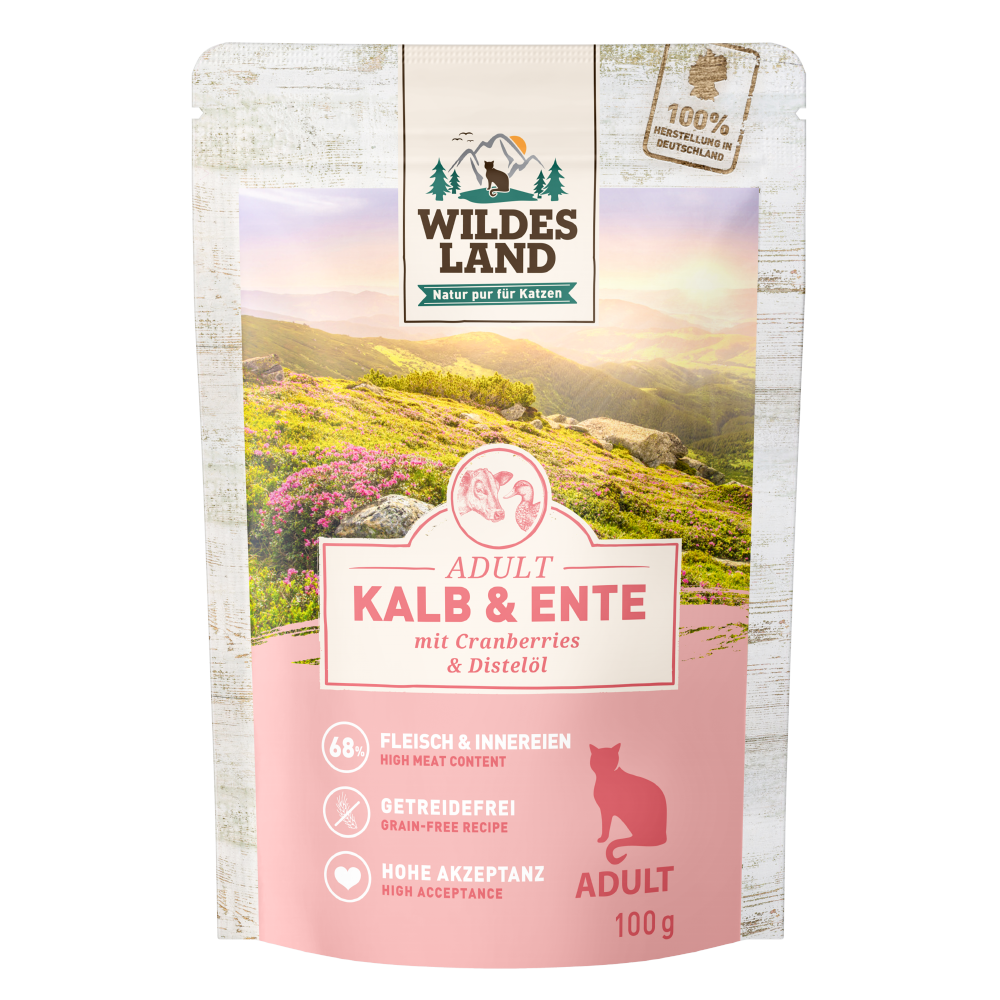 Wildes Land Classic Adult Nassfutter Katze, Kalb & Ente mit Cranberries & Distelöl 100g