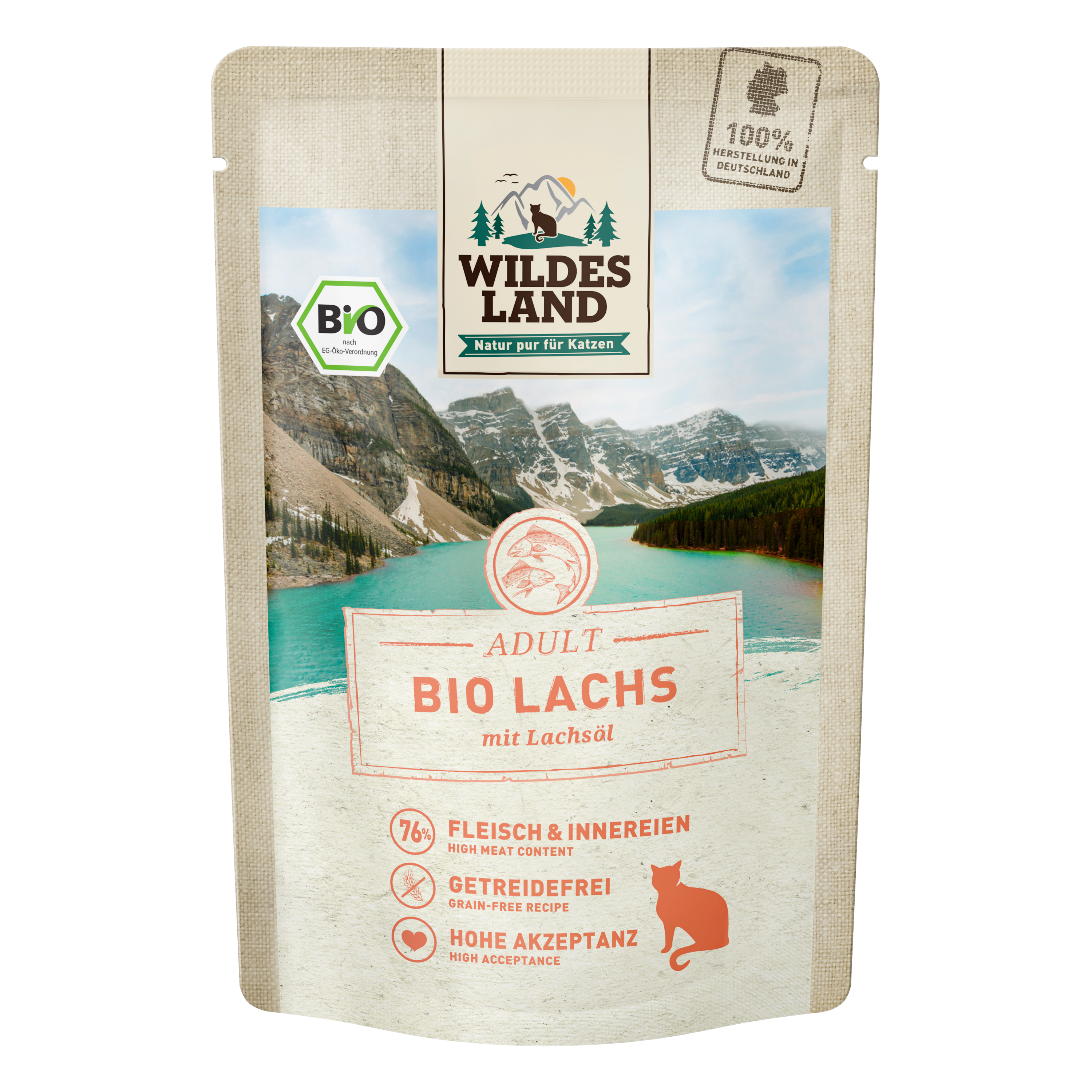 Wildes Land BIO Adult Nassfutter Katze, Lachs mit Lachsöl 85g