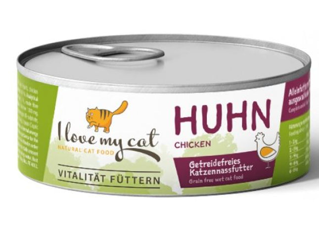 Dose mit Aufdruck I love my cat, Huhn Chicken und Getreidefreies Katzennassfutter.