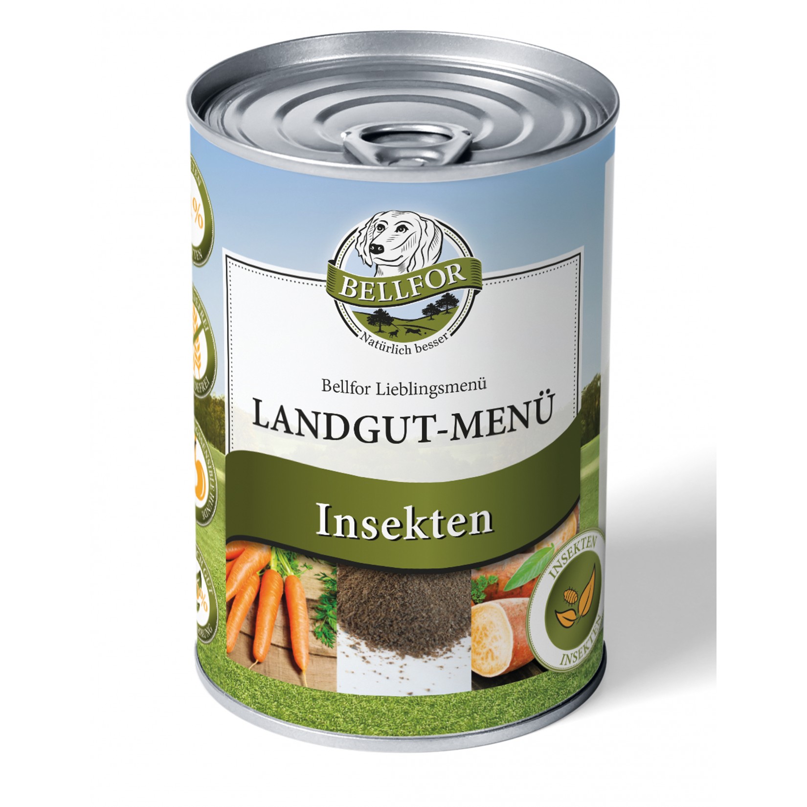 Bellfor Landgut-Menü mit Insekten, getreidefreies Hundenassfutter in der 400-g-Dose.