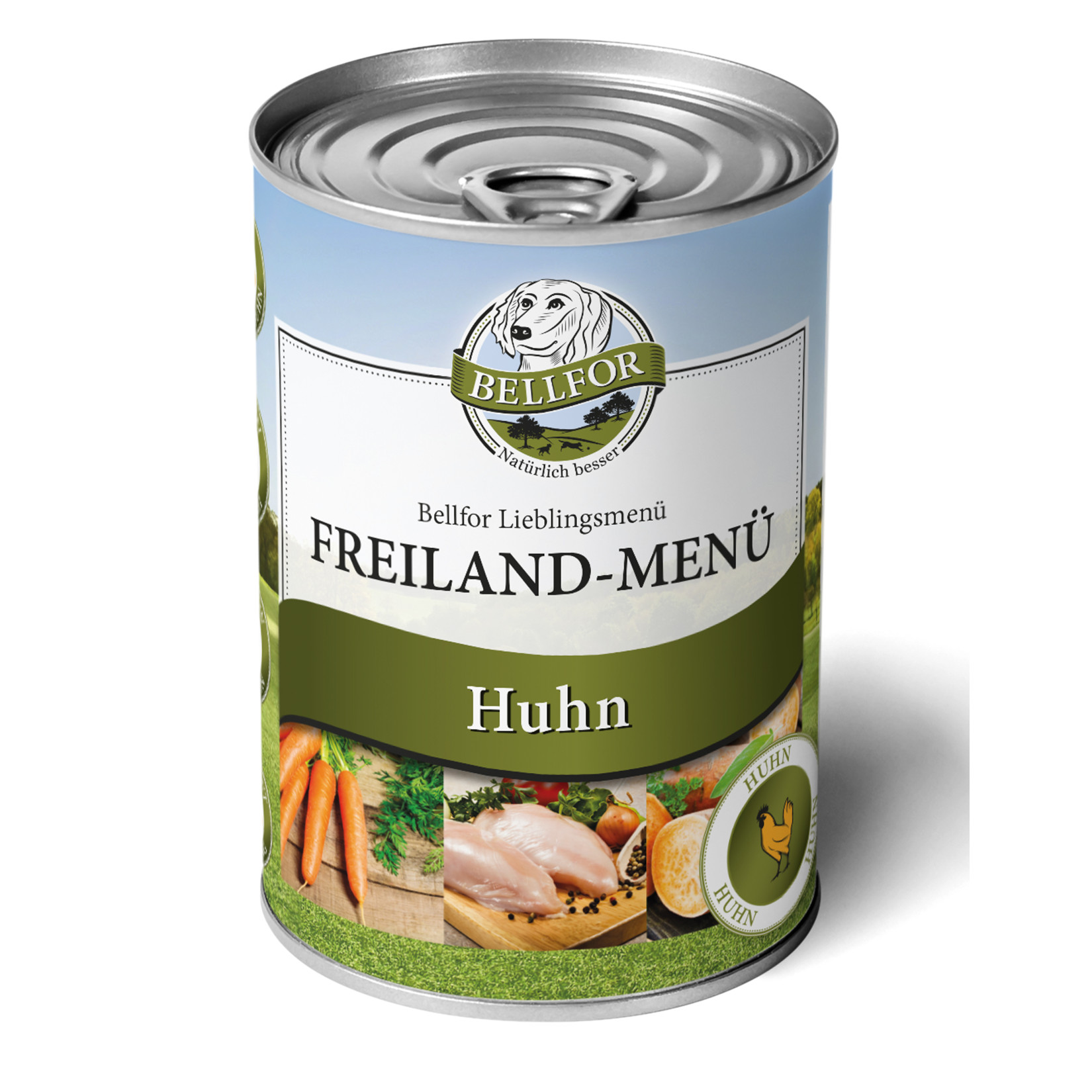 Bellfor Freiland-Menü Huhn in der 400-g-Dose vor weissem Hintergrund