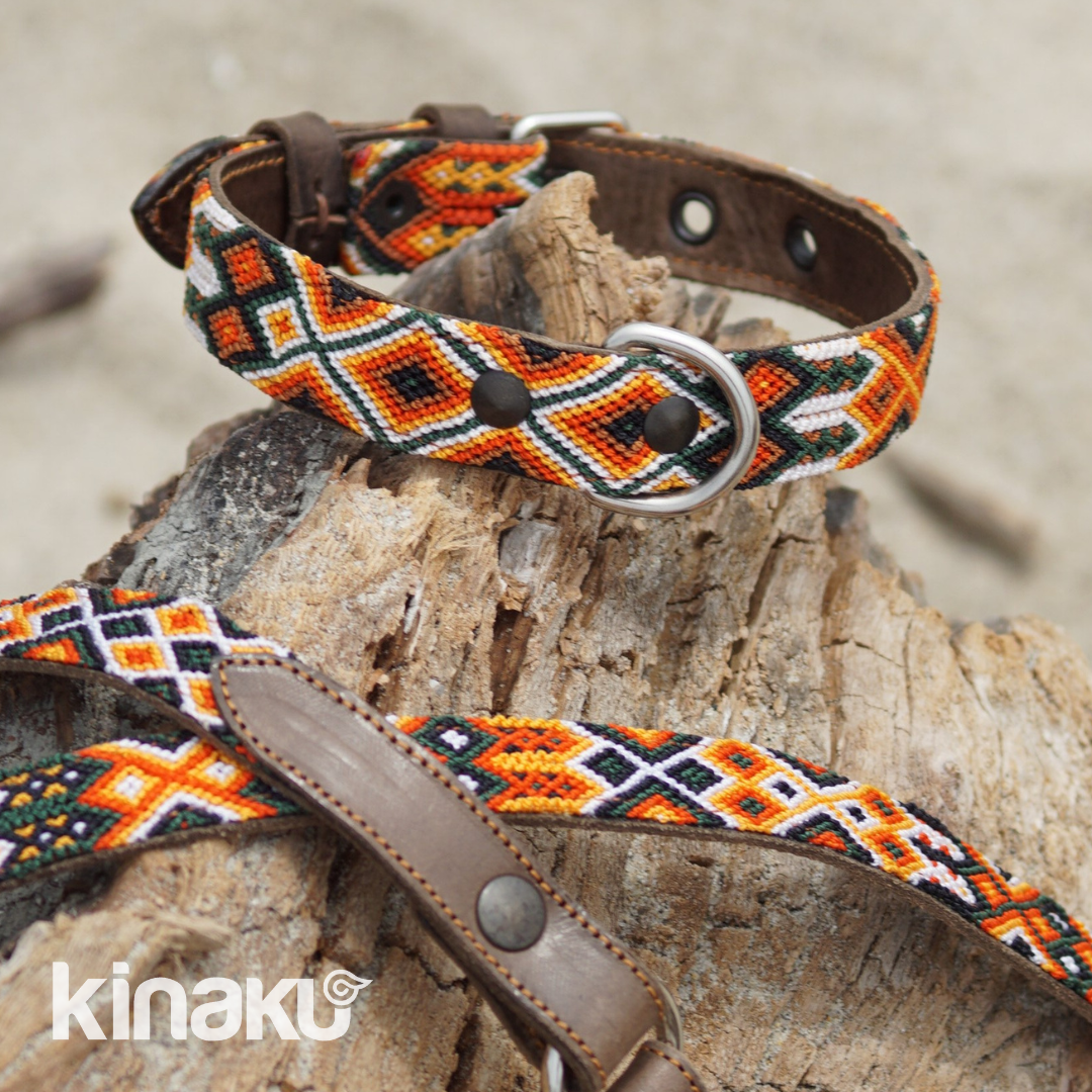 Kinakú Hundehalsband Bacalar XS, Braun-Orange-Oliv, 20g, 28x1.1cm