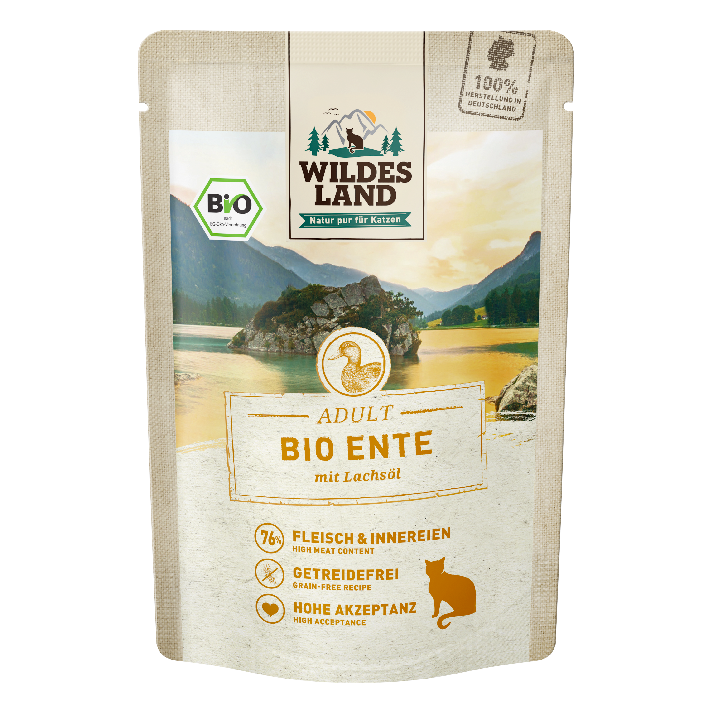 Wildes Land BIO Adult Nassfutter Katze, Ente mit Lachsöl 85g